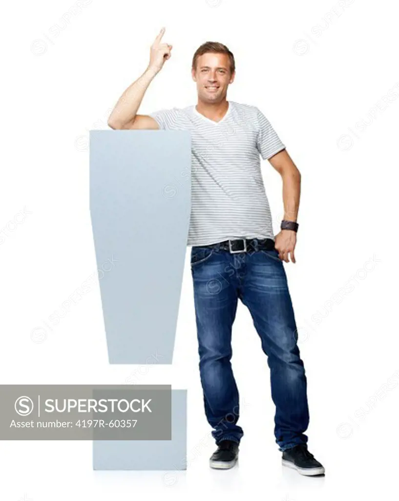 An casual young man pointing upwards while standing next to an exclamation mark