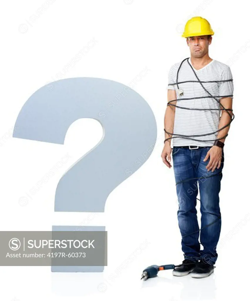 A young handyman tied up by the power cord of a drill alongside a question mark