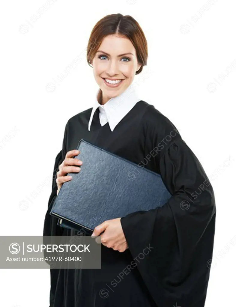 Portrait of a young female judge holding law books