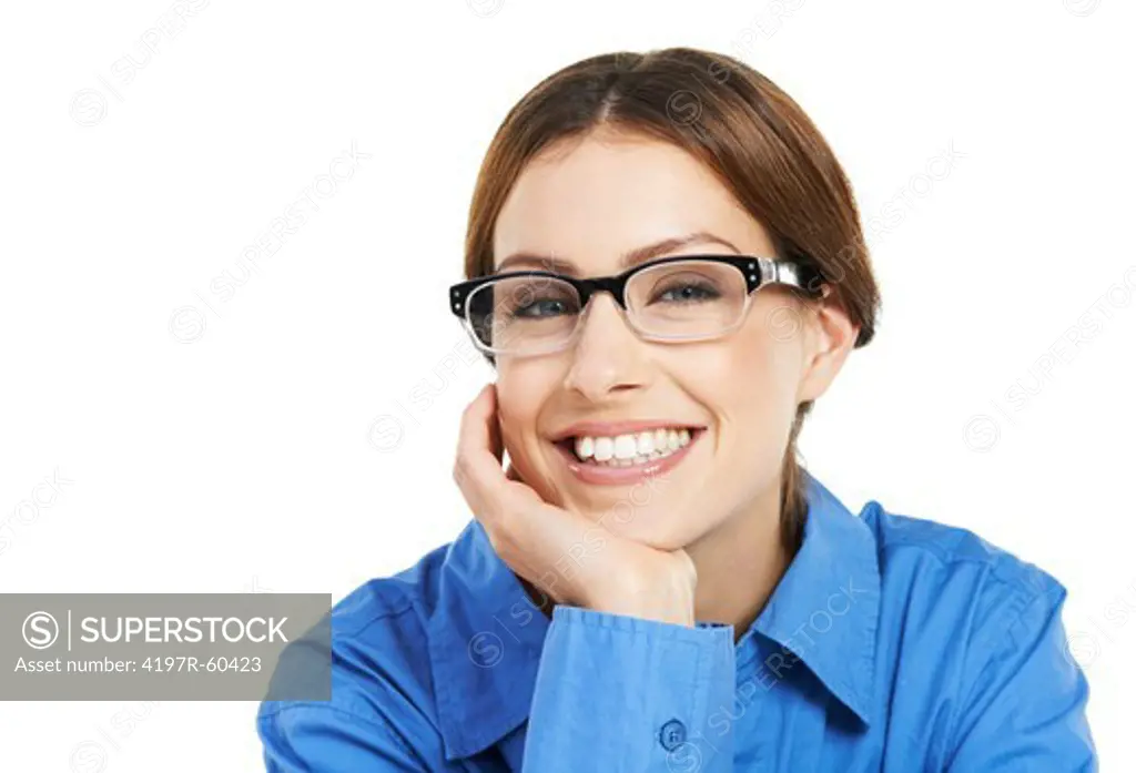 Portrait of a nerdy looking young woman wearing glasses