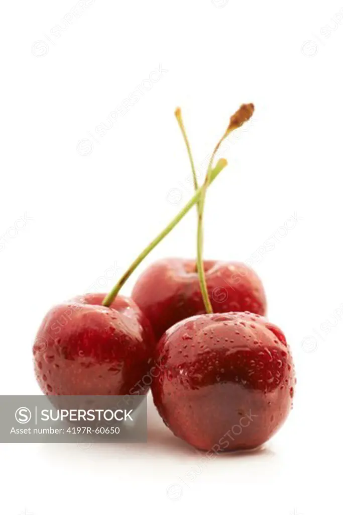 Studio shot of a three fresh cherries isolated on white