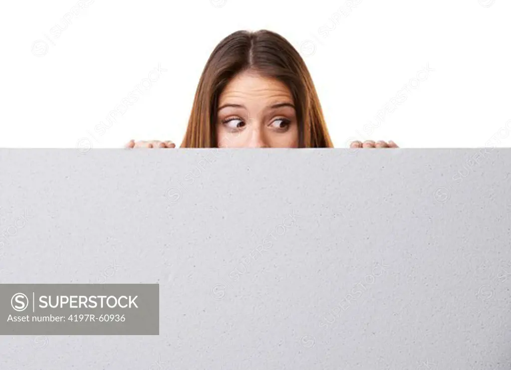 A young woman looking nervously at your copyspace