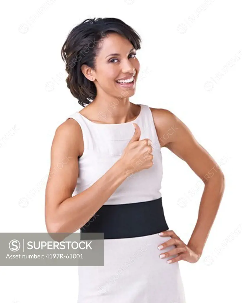 Happy young ethnic woman in a white dress giving a thumbs up