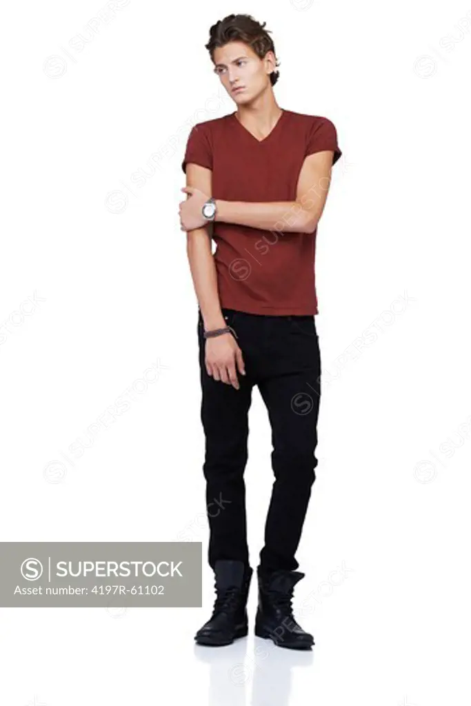 Uncomfortable and awkward looking guy isolated against a white background
