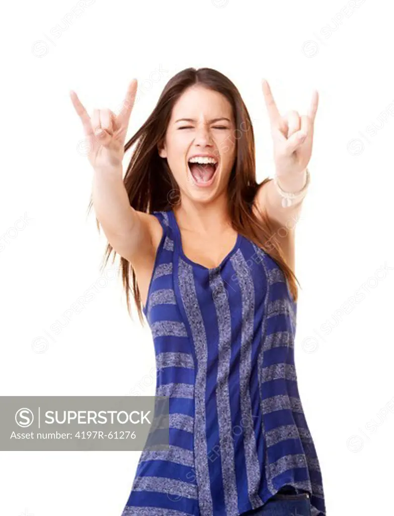 A gorgeous young woman doing the 'devil's horns' hand gesture