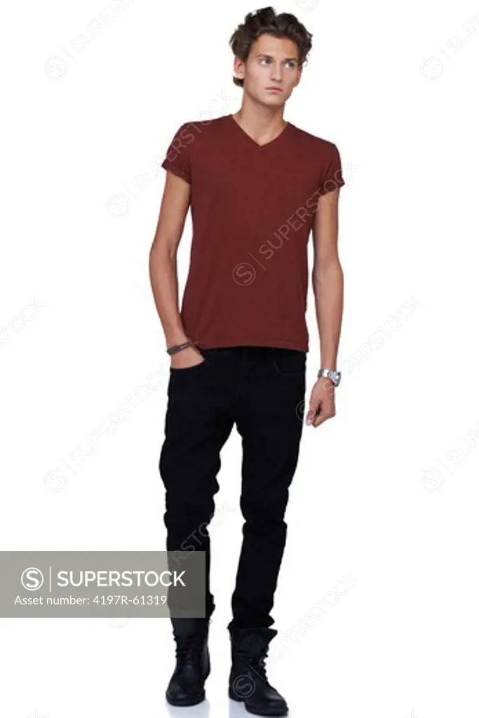 Casual young guy standing against a white background