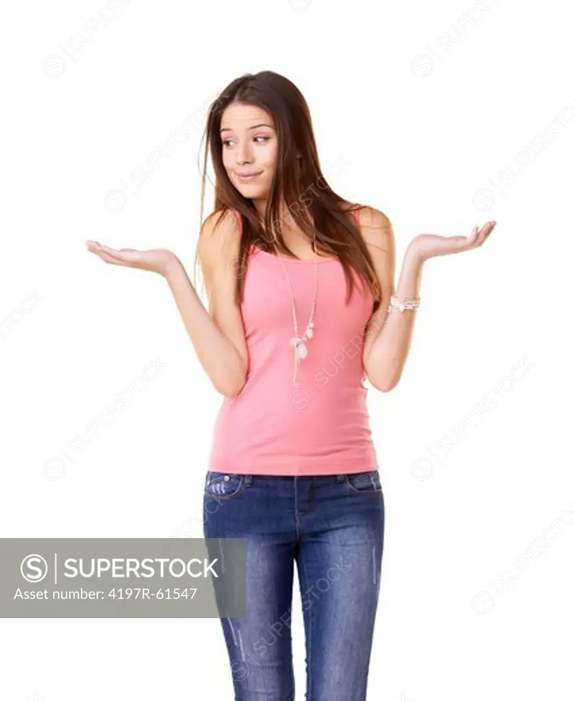 A gorgeous young woman shrugging against a white background