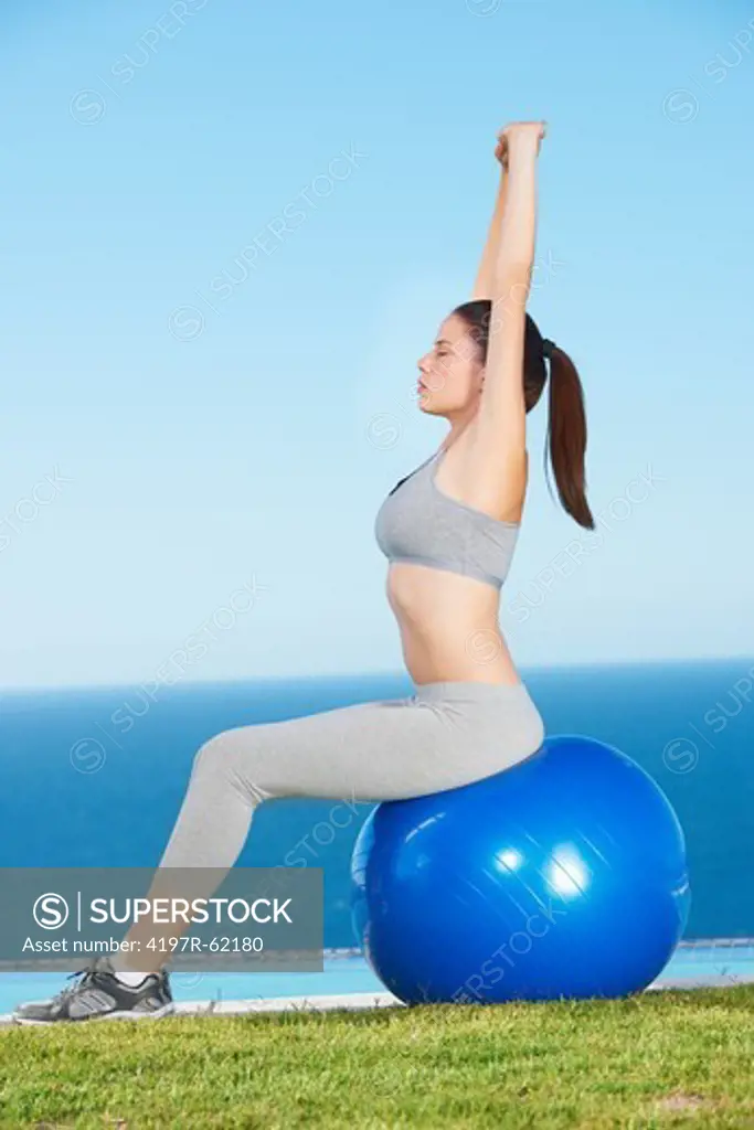 A beautiful young woman exercising with weights and a bosu ball