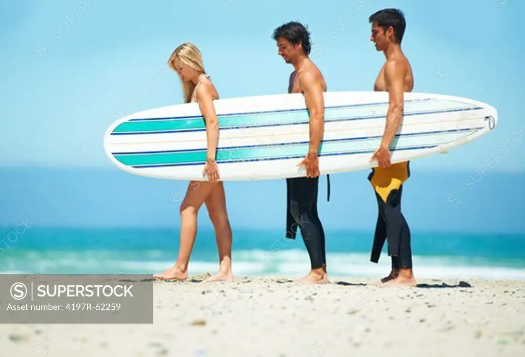 Three surfers strolling on the beach carrying a surfboard together