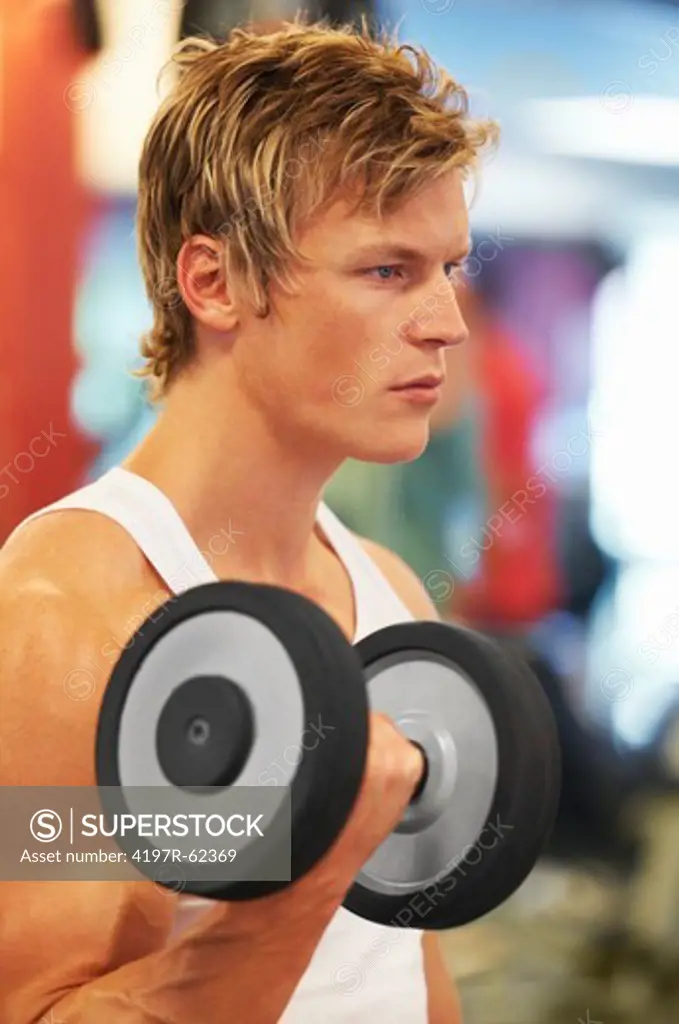 Profile of a young man doing bicep curls in the gym