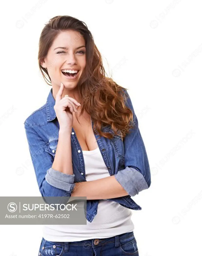 Playful studio portrait of an attractive young brunette woman winking at the camera isolated on white