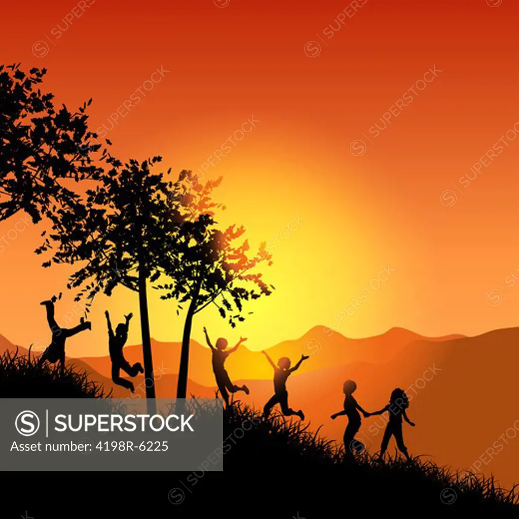 Silhouettes of children running up a grassy hill