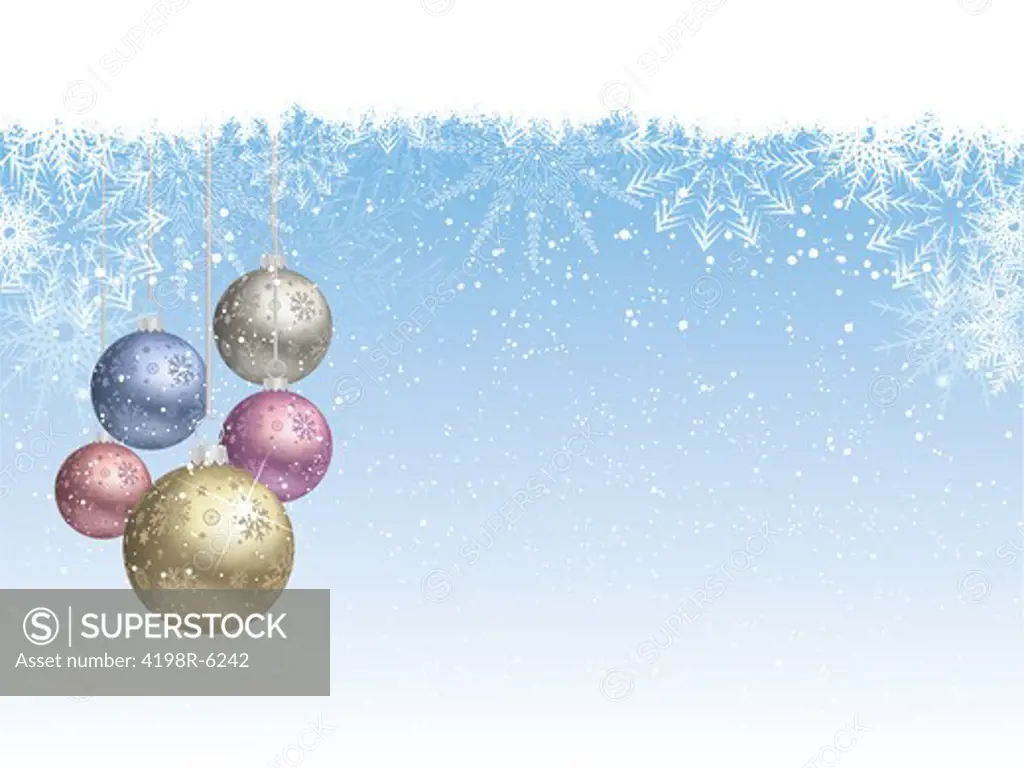 Christmas background of falling snowflakes and hanging baubles
