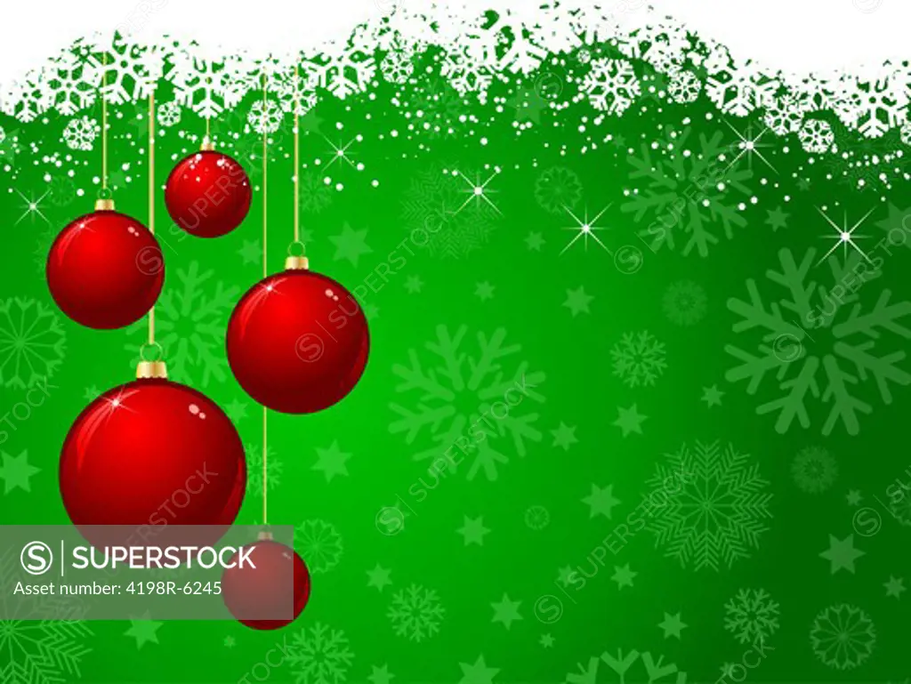 Green Christmas background with red hanging baubles