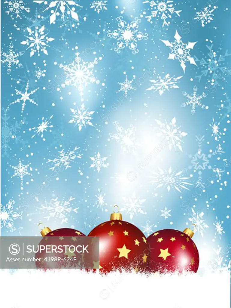 Background of snowflakes and stars with red Christmas baubles