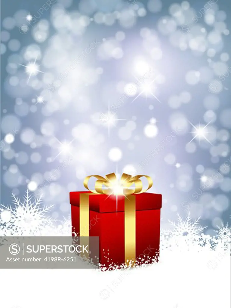 Christmas gift in snow on a blue glittery background