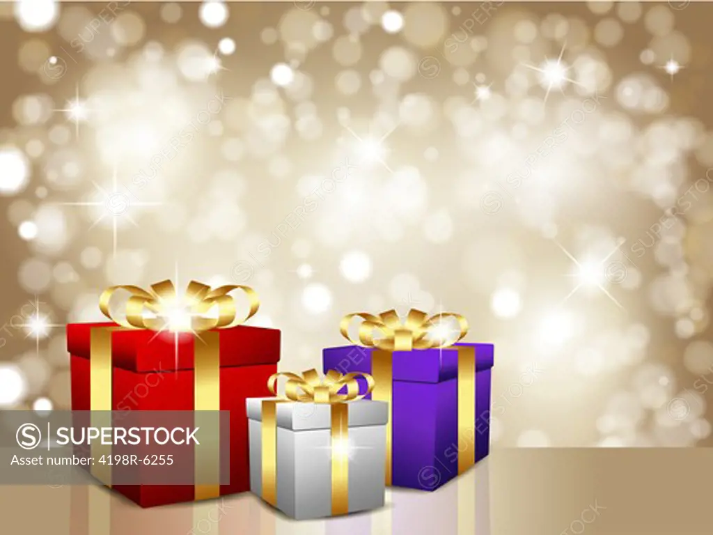 Christmas gifts on a glittery gold background