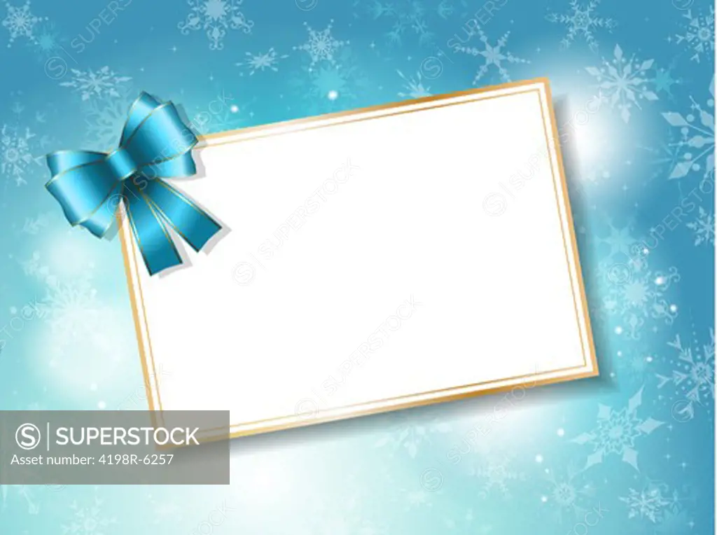 Christmas gift card with blue bow on snowflake background