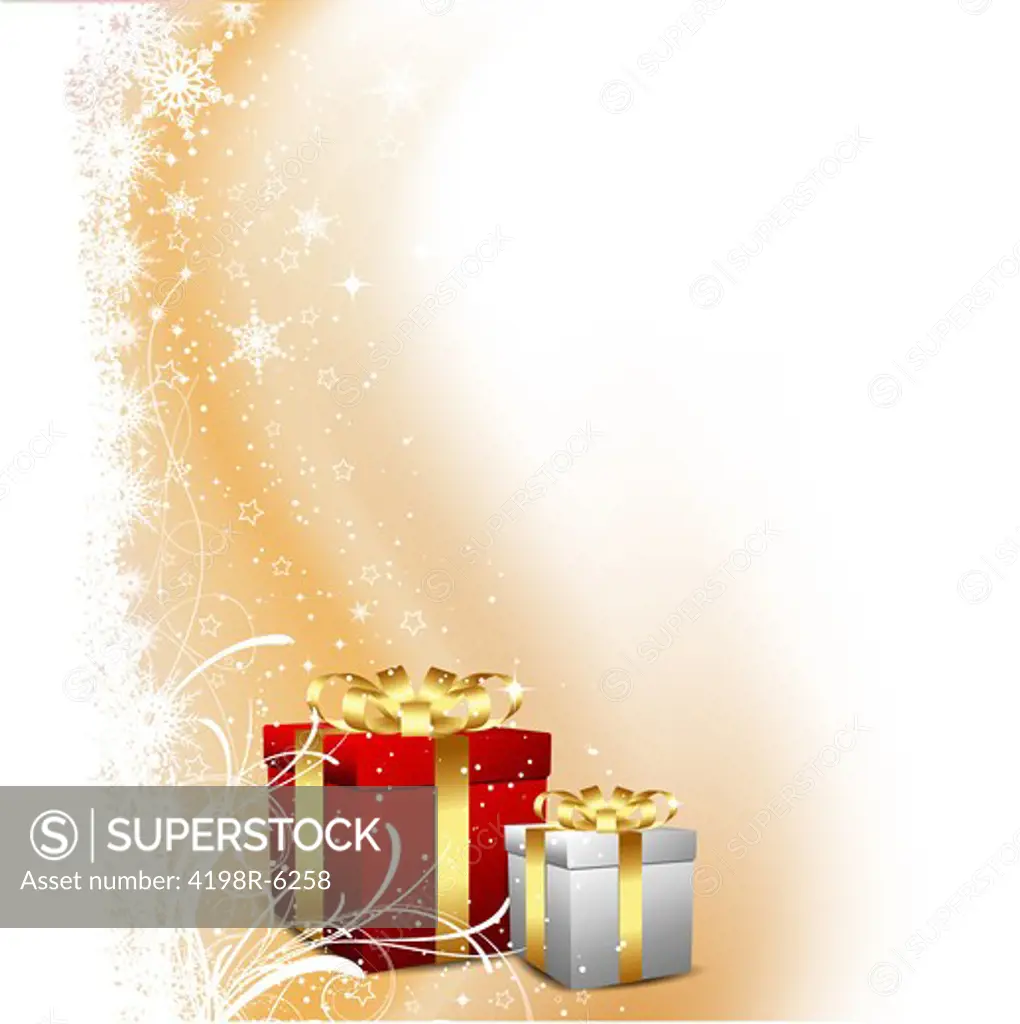 Christmas gifts on a background of snowflakes and stars
