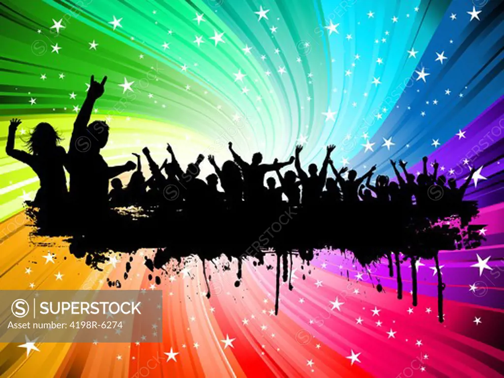 Silhouette of a grunge style crowd on a starburst background