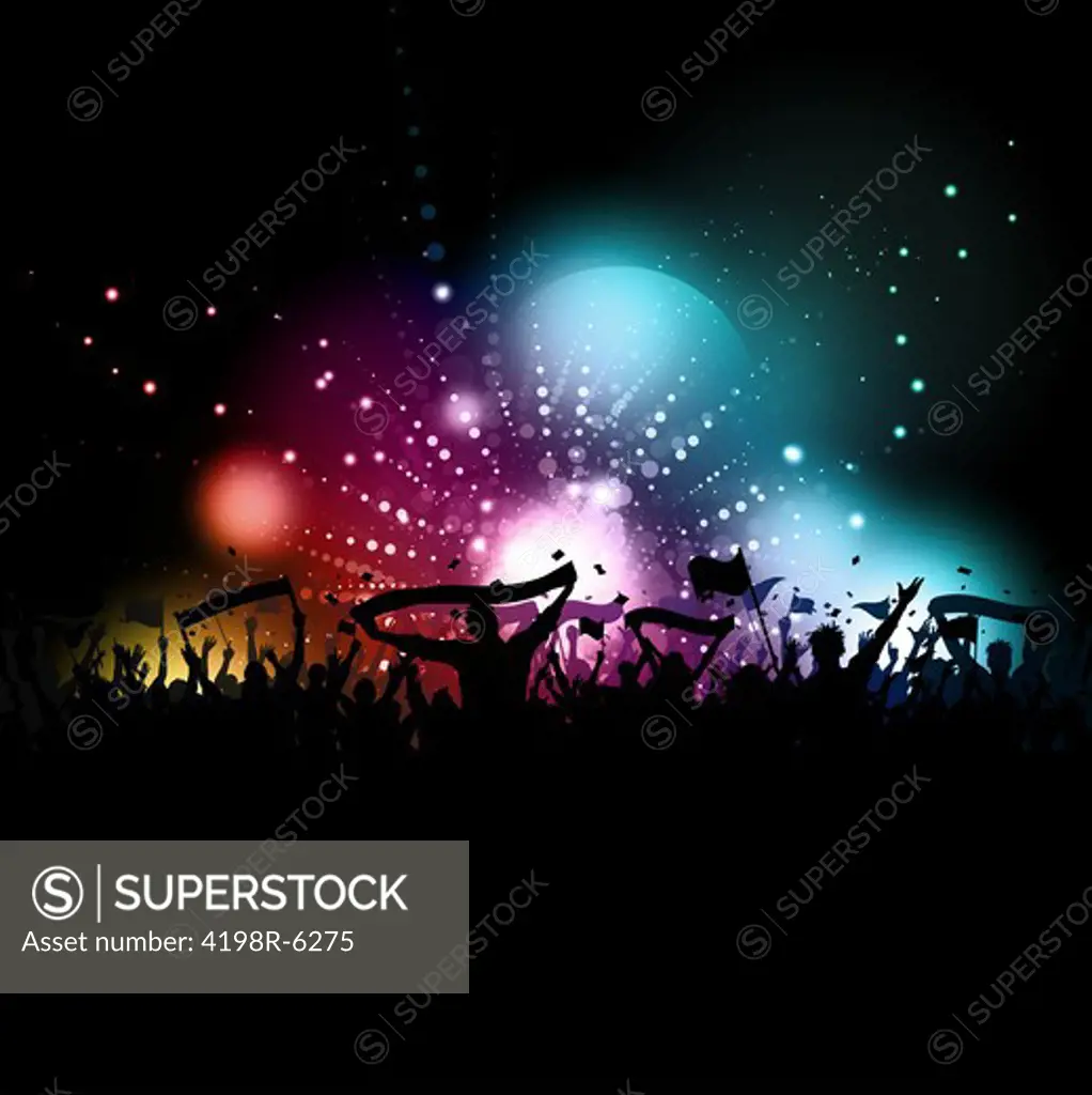 Silhouette of a crowd with banners and flags on a disco lights background
