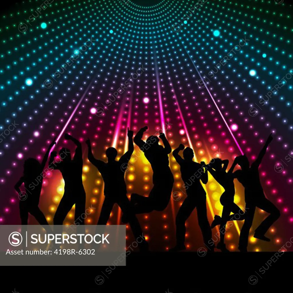Silhouettes of people dancing on a disco lights background