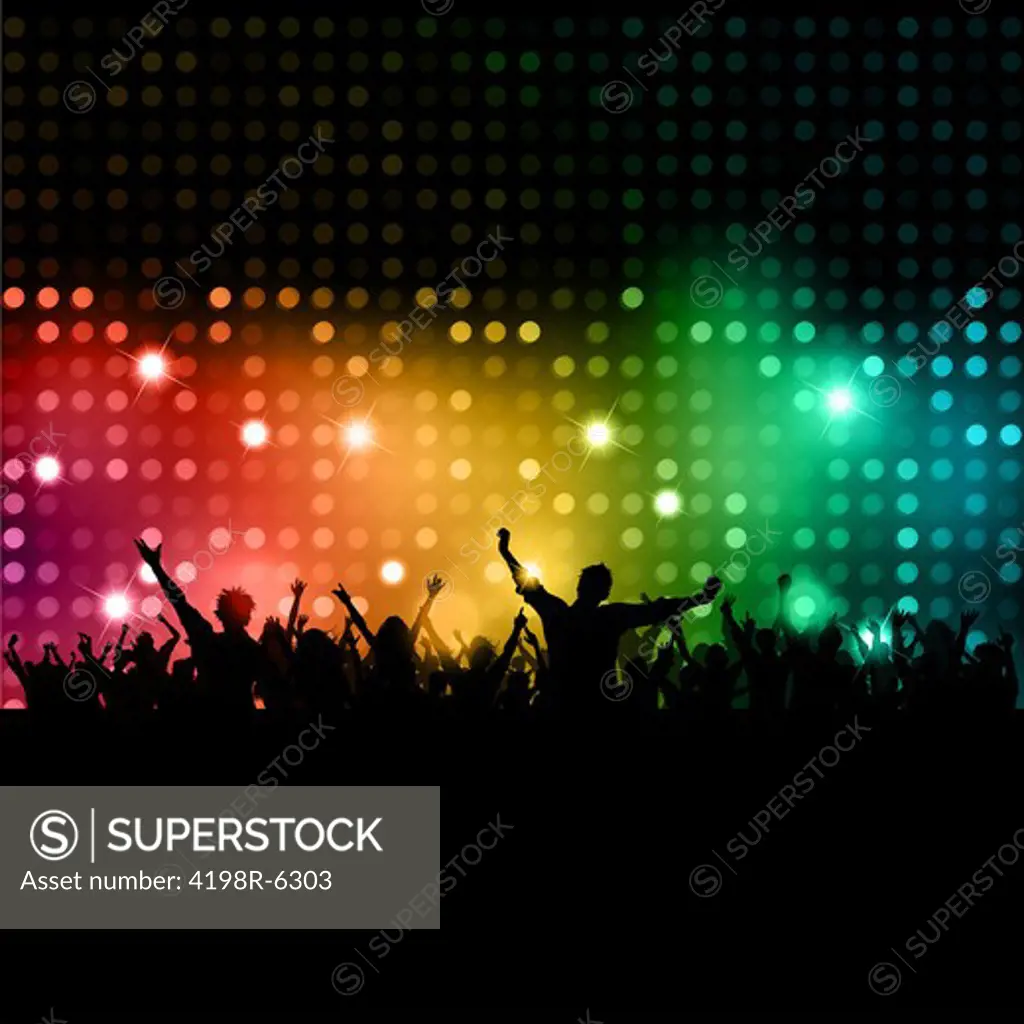 Silhouette of a party crowd on disco lights