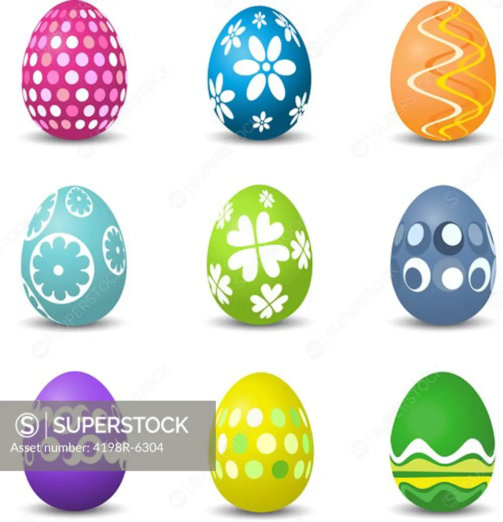 Collection of nine brightly coloured Easter eggs