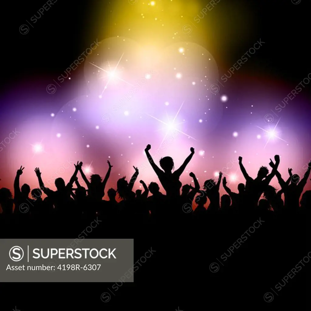 Silhouette of an excited audience on a colourful background