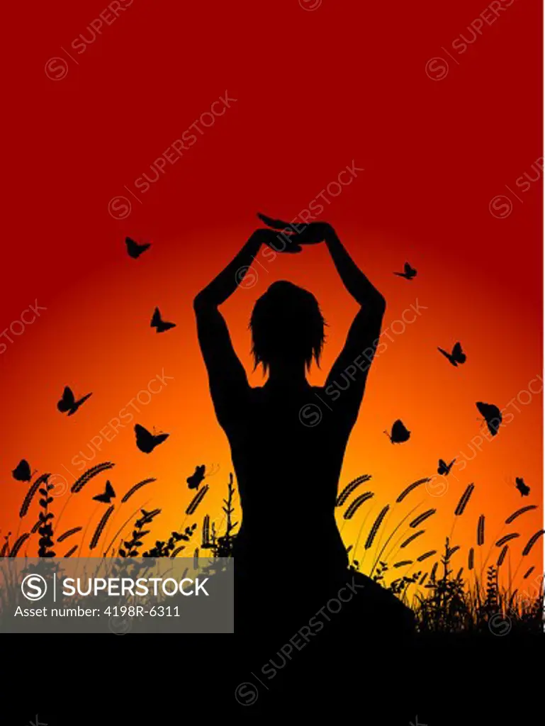 Silhouette of a female in a yoga pose against a sunset sky with butterflies flying around