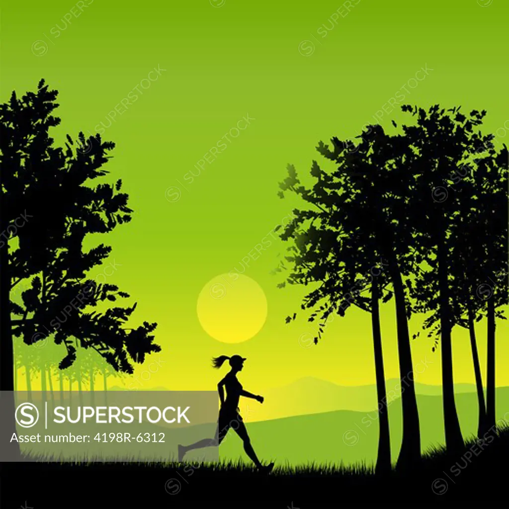 Silhouette of a female jogging in the countryside