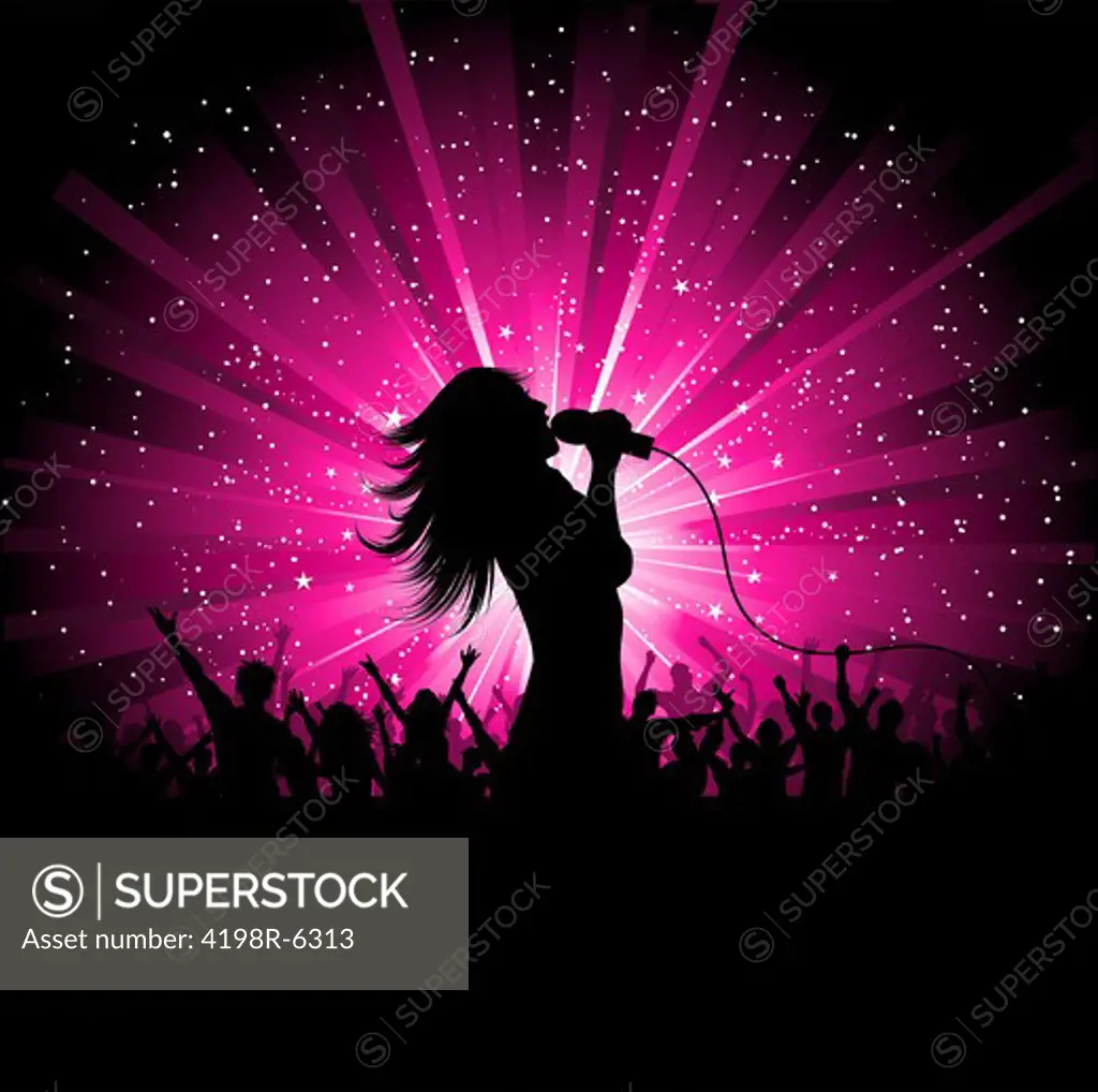 Silhouette of a female singer performing in front of a cheering audience