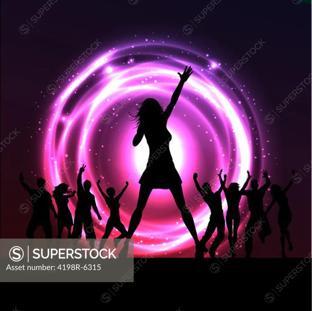 Silhouette of a female singer with people dancing behind her