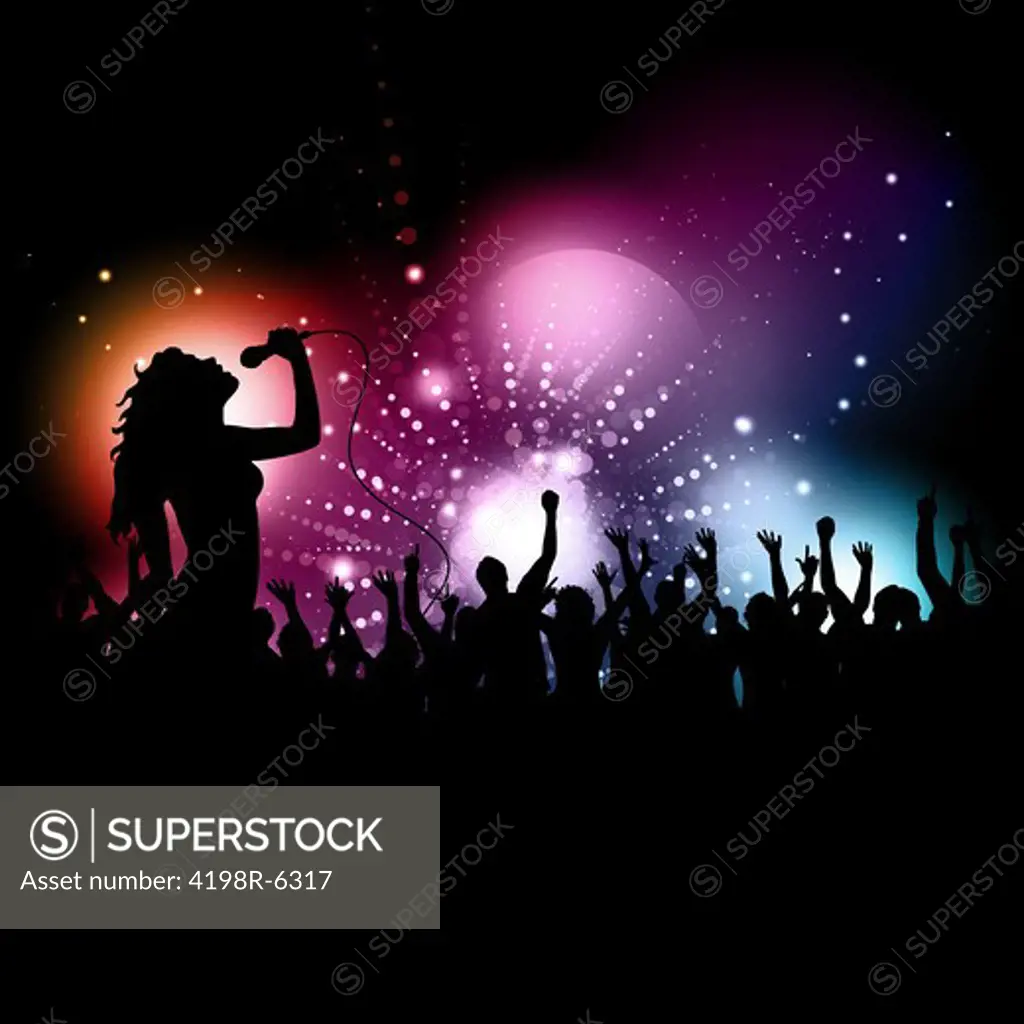 Silhouette of a female singer performing in front of an audience