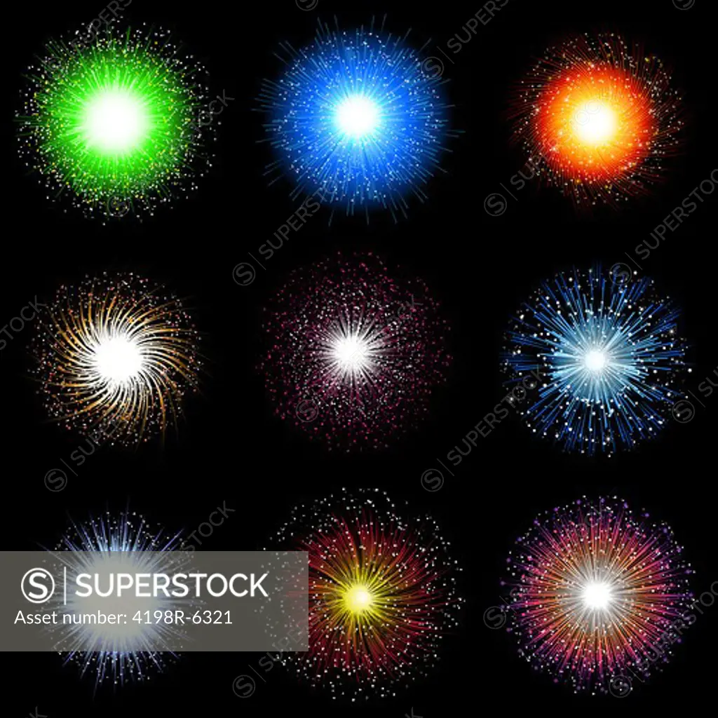 Large collection of brightly coloured firework explosions