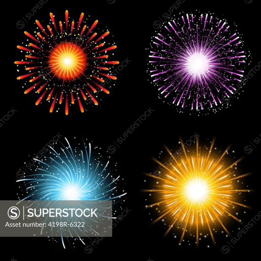 A collection of four brightly coloured firework explosions
