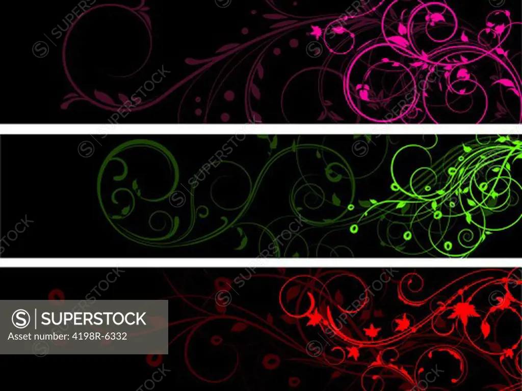 Floral designs using bright colours on black backgrounds