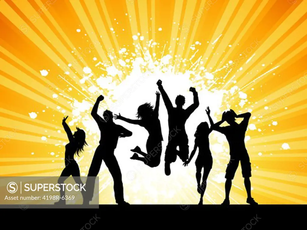 Silhouettes of people dancing on a grunge starburst background