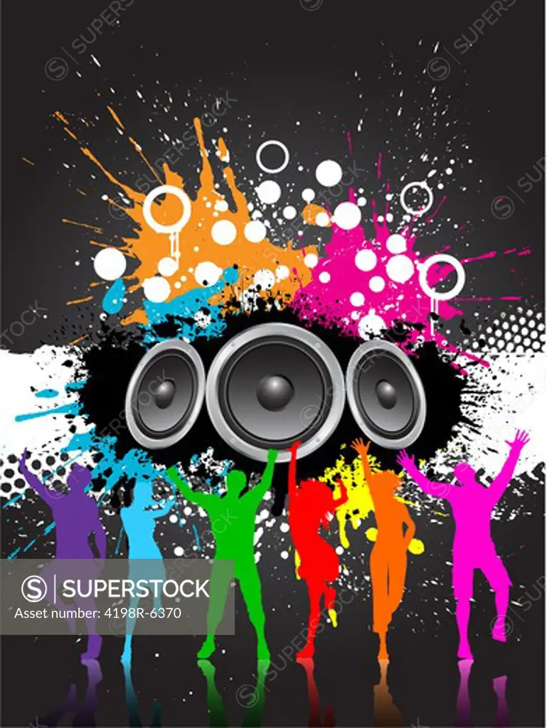 Grunge style music background with speakers and colourful silhouettes of people dancing
