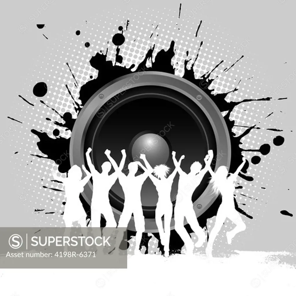 Silhouettes of people dancing on a grunge speaker background