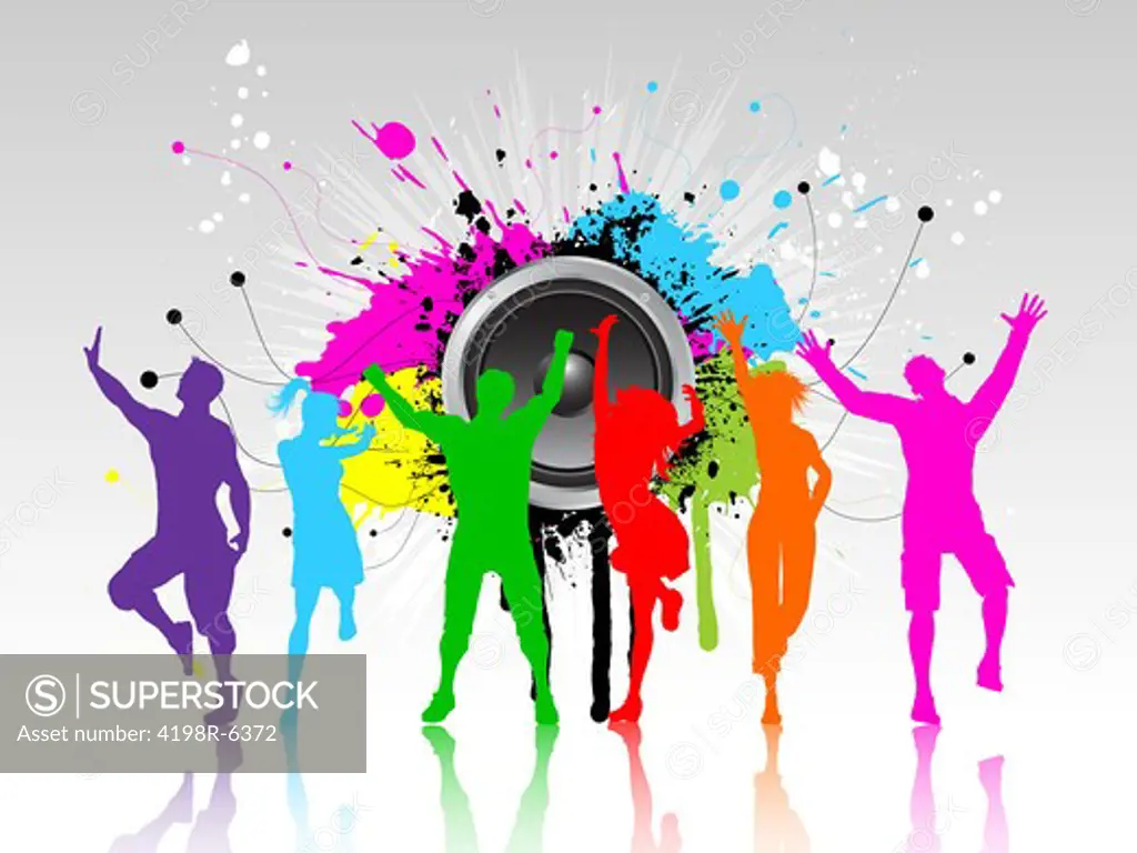 Colourful silhouettes of people dancing on a grunge speaker background