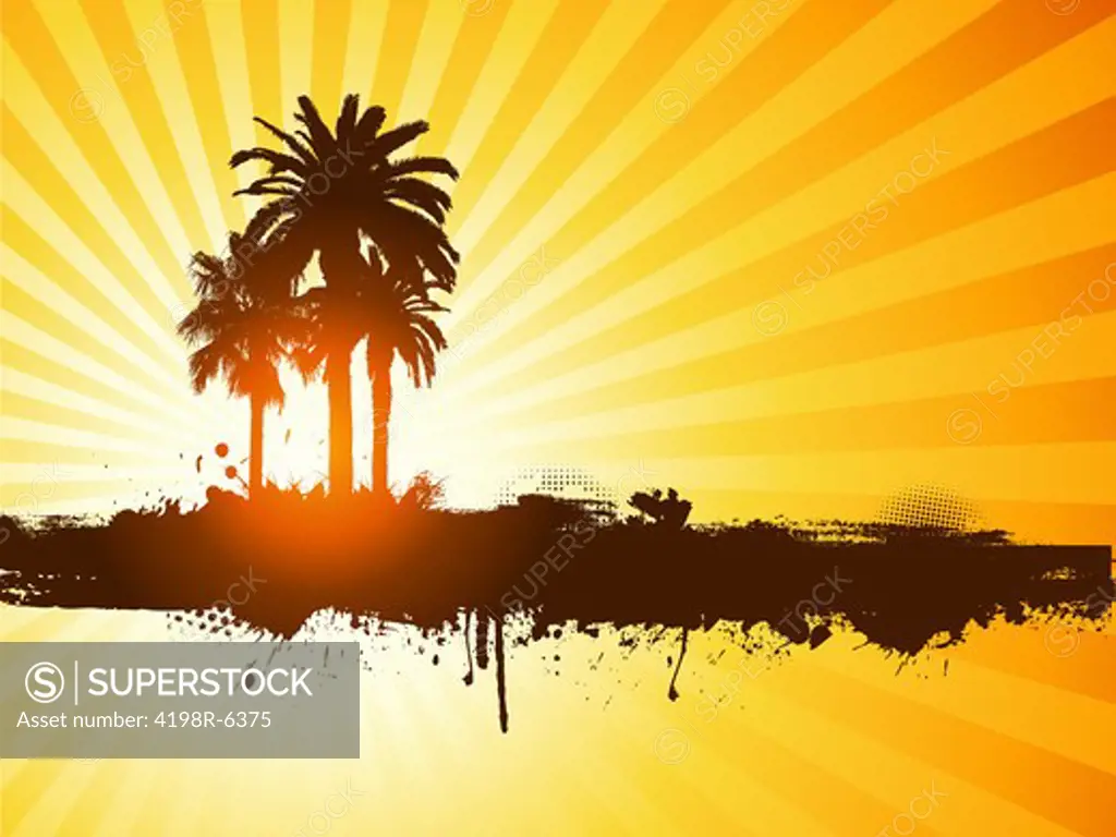 Grunge style silhouettes of palm trees on a sunburst background