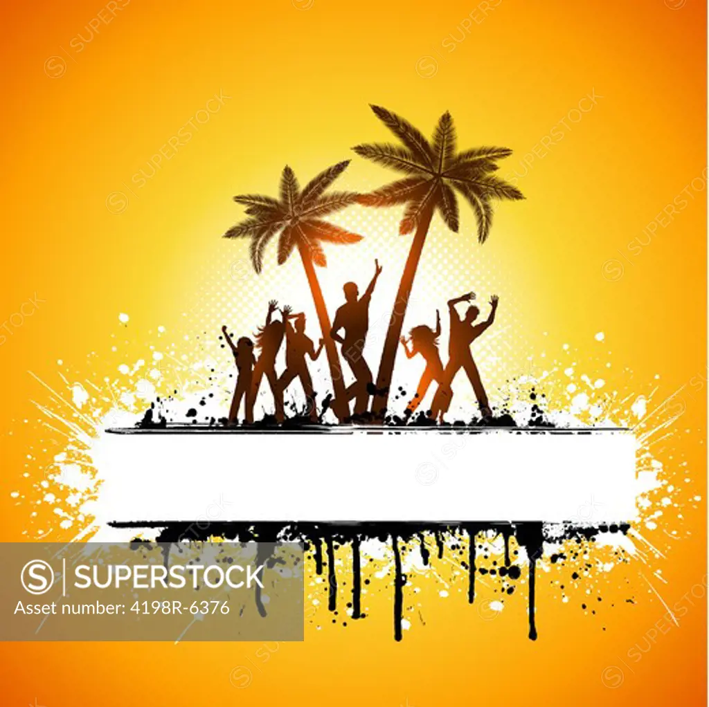 Silhouettes of people dancing on a grunge palm tree background