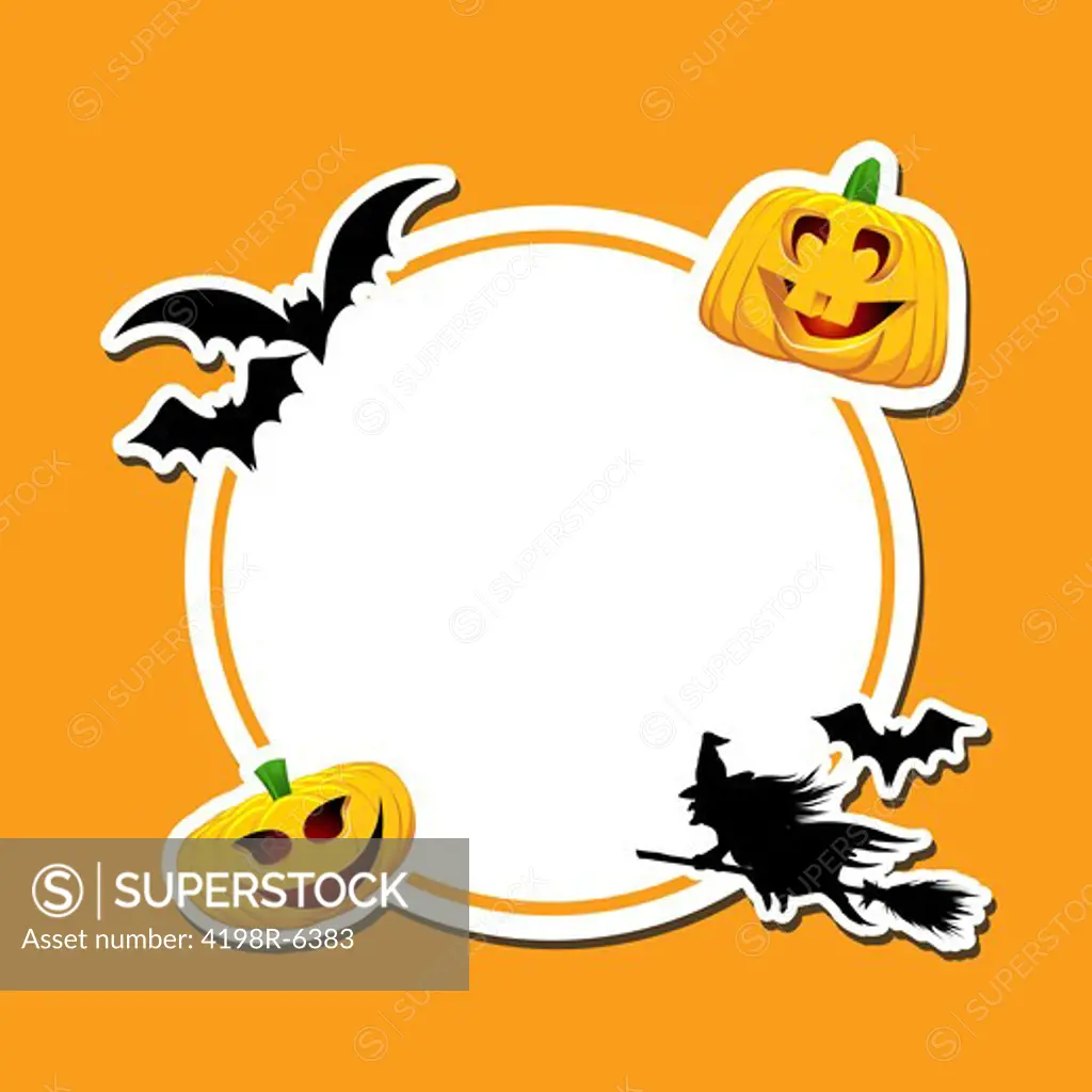 Halloween background with pumpkins, bats and a witch