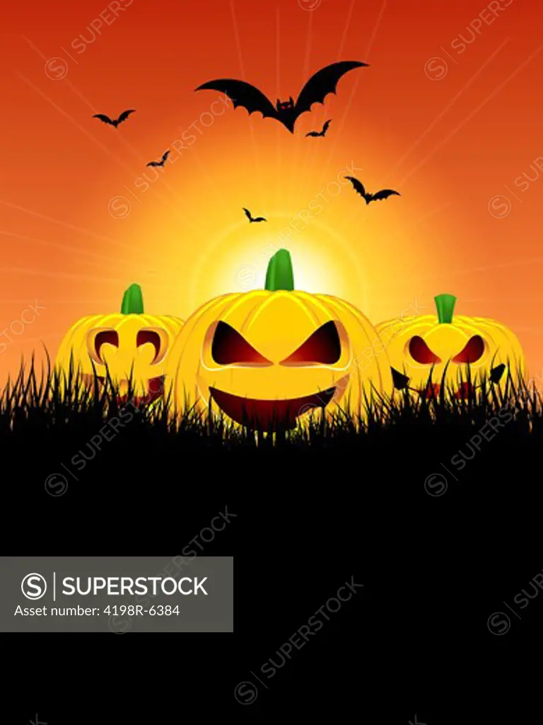 Halloween background with pumpkins in grass and bats flying in the sky