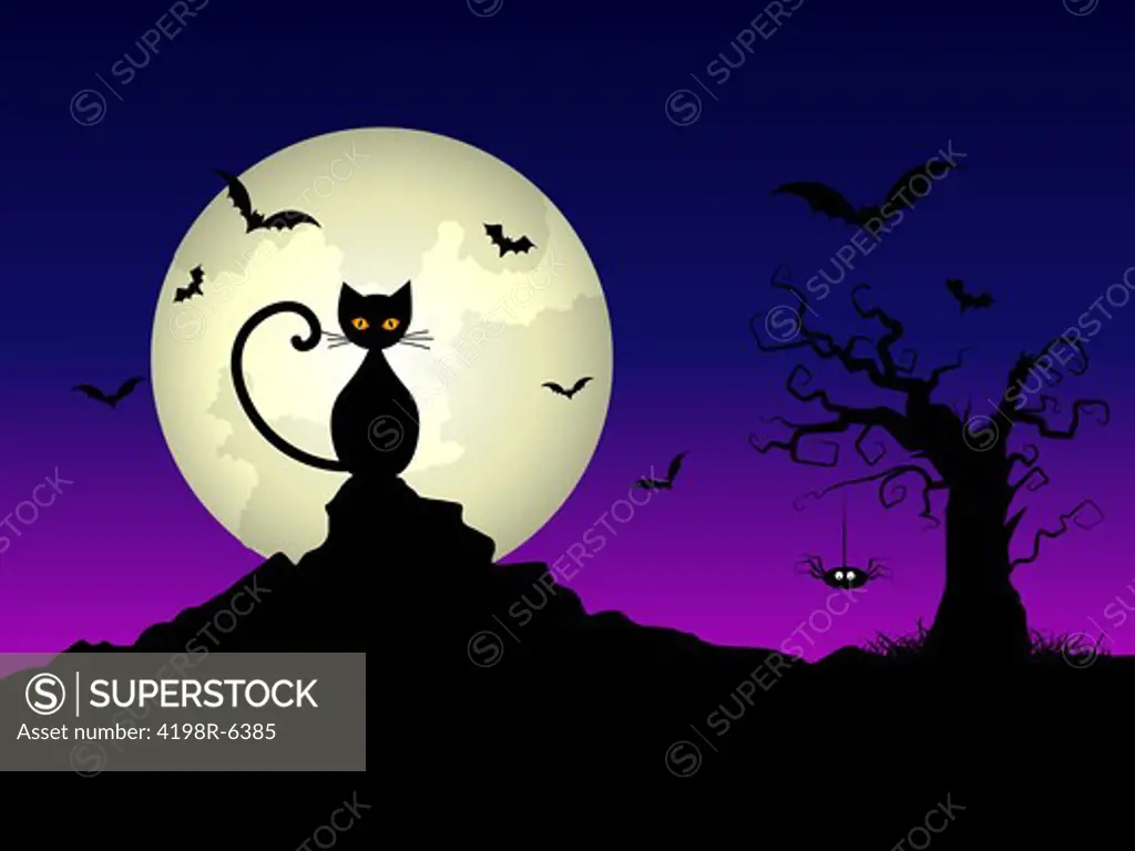 Halloween night background with a cat and spooky tree