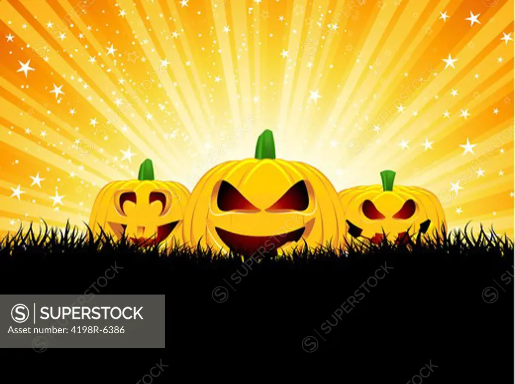 Halloween background with pumpkins in grass