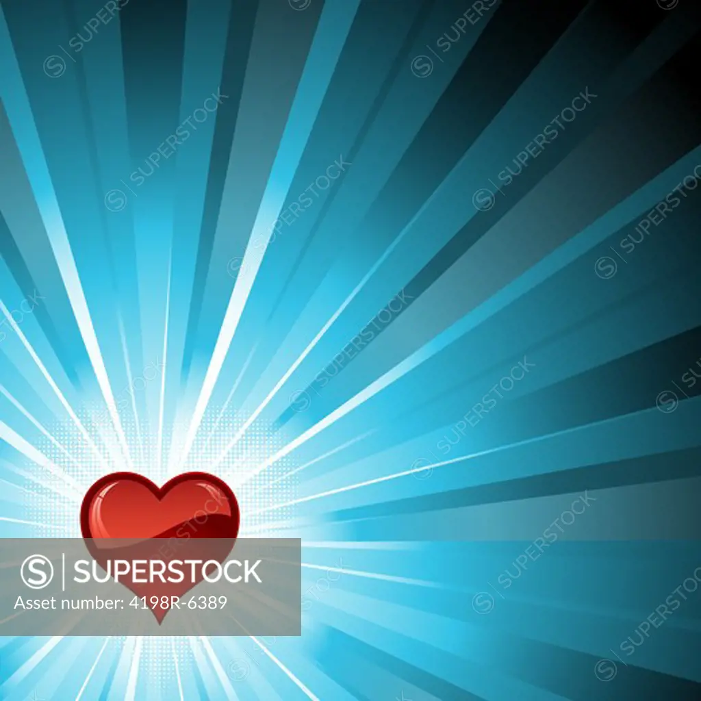 Red glossy heart on a blue star burst background