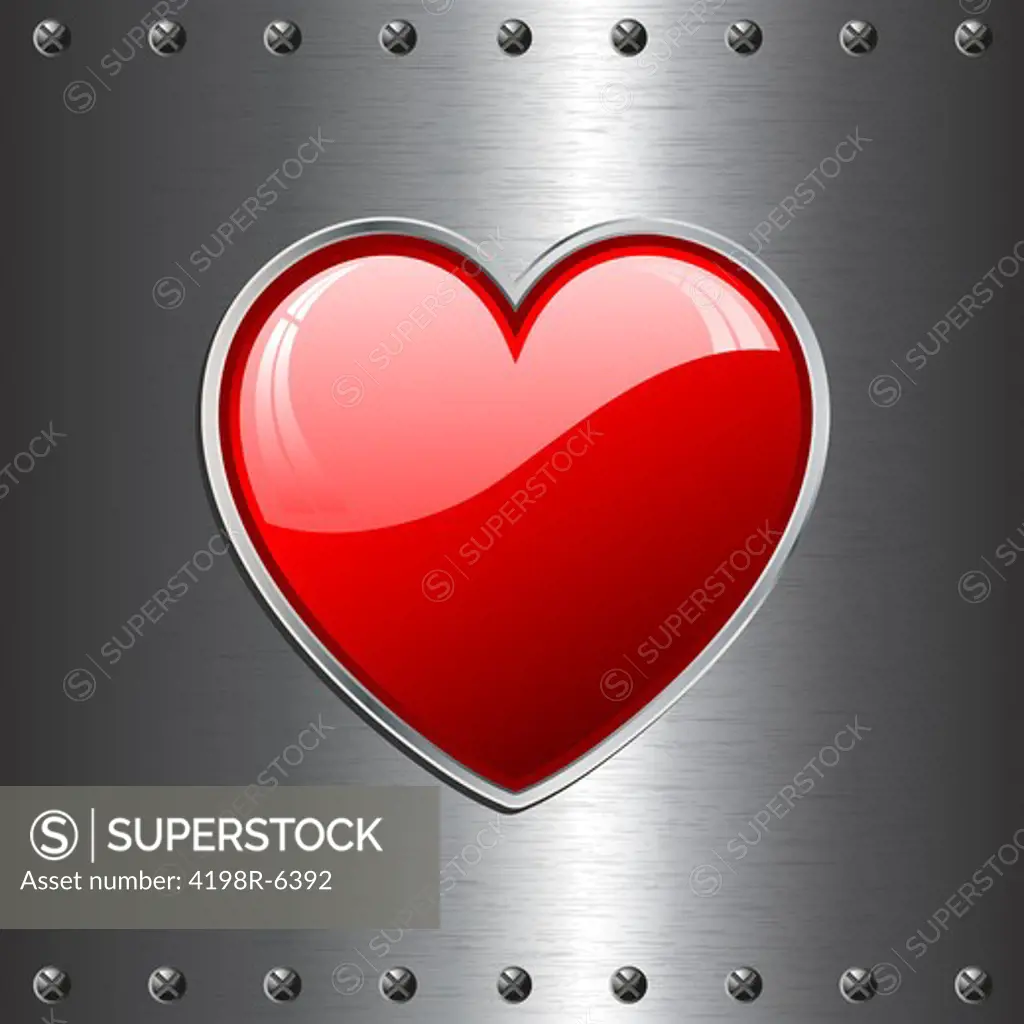 Glossy red heart on a metal plate background