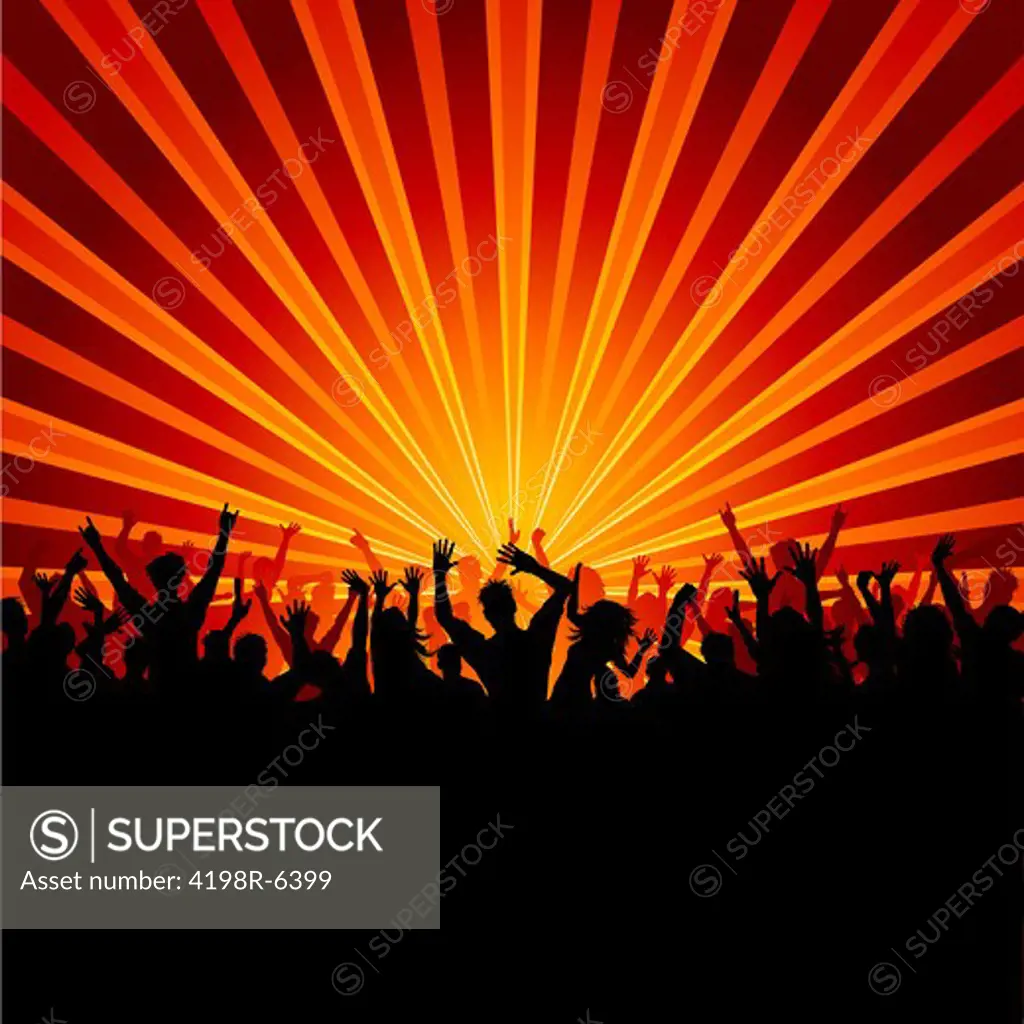 Silhouette of a huge crowd of party people on a starburst background